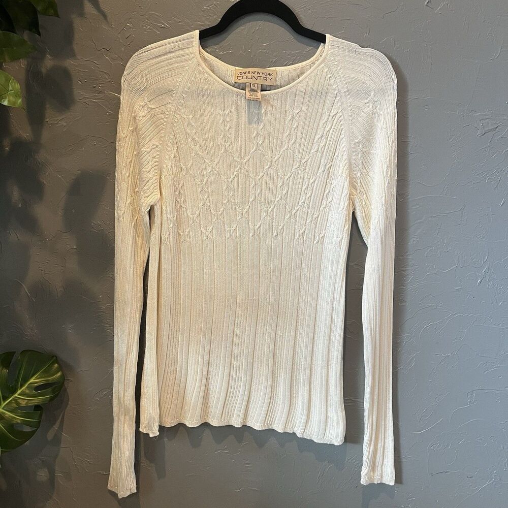 Vtg Jones New York Country Cable Knit Ribbed Sweater XL Cream Boho Coastal